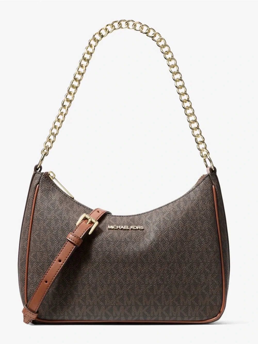 Michael Kors Brown Monogram Chain-Trim Shoulder Bag